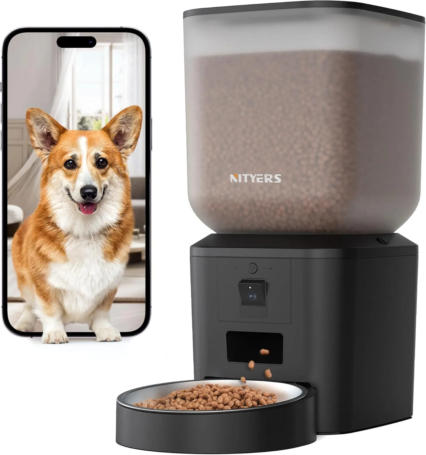Automatic Dog & Cat Feeder with Camera & WiFi  8L/34 Cups, 1080P Night Vision, 2.4 & 5G WiFi, 2-Way Talk, 10s Voice Recording, Timed Food Dispenser, Up to 99 Portions, 15 Meals Per Day