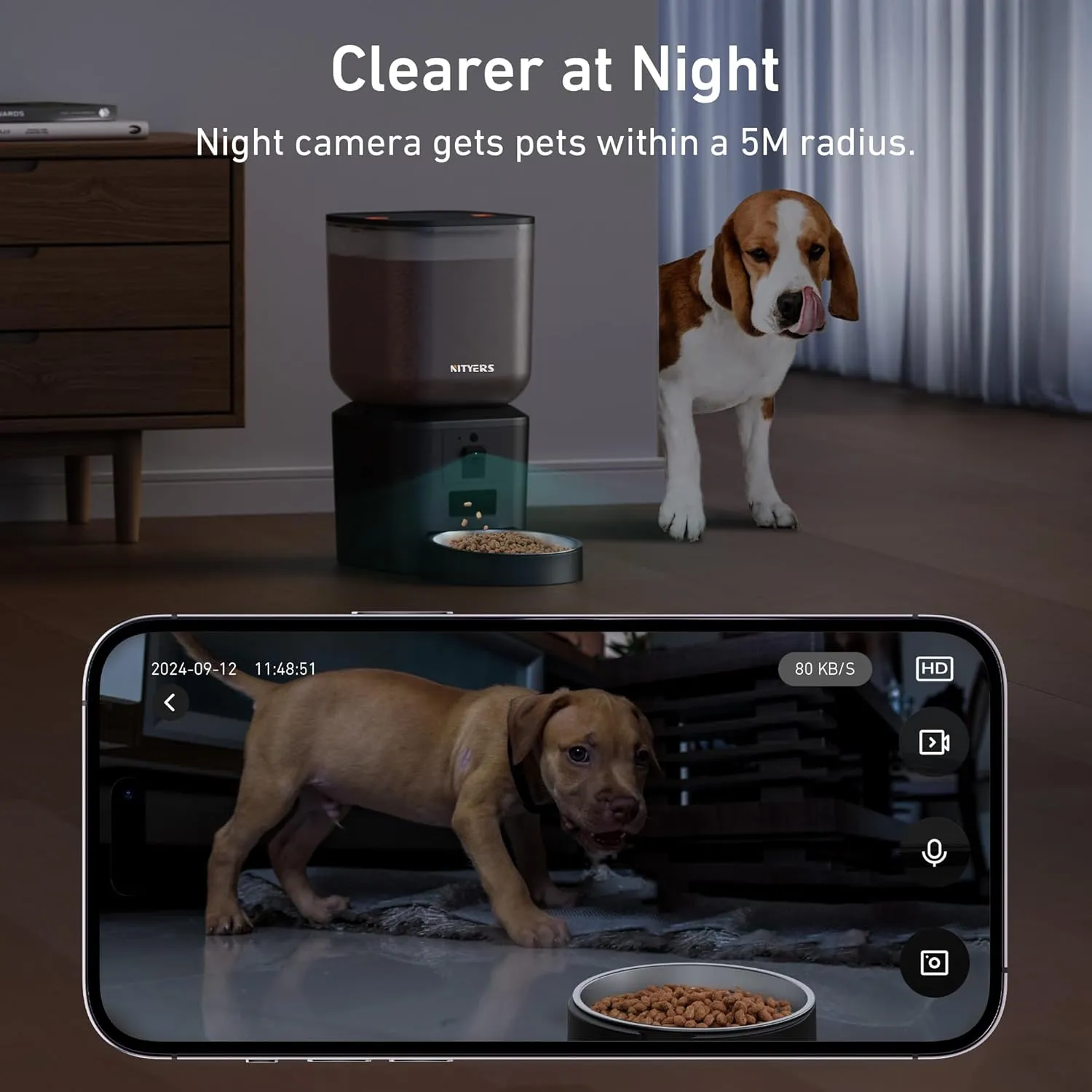 Automatic Dog & Cat Feeder with Camera & WiFi  8L/34 Cups, 1080P Night Vision, 2.4 & 5G WiFi, 2-Way Talk, 10s Voice Recording, Timed Food Dispenser, Up to 99 Portions, 15 Meals Per Day