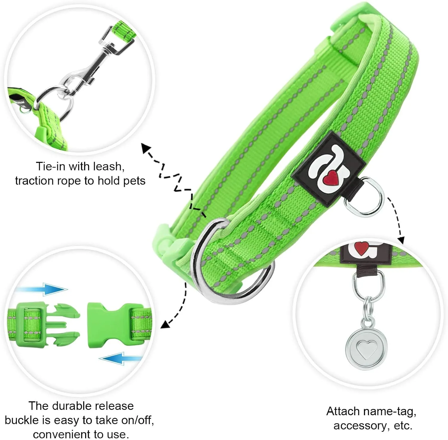 azuza Reflective Dog Collar, Soft Neoprene Padded Pet Collar with ID Tag Ring, Adjustable for Puppy and Small Dogs,Green,XS