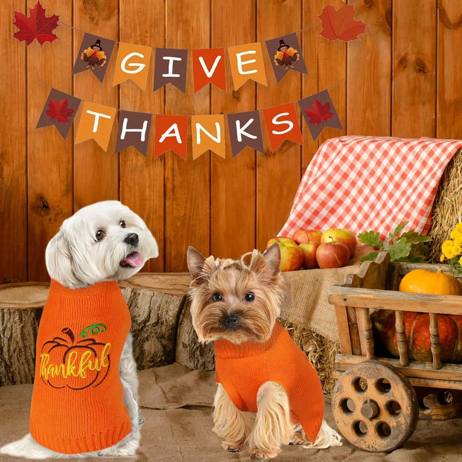 Dog Thanksgiving Sweater, Knitted Thanksgiving Fall Holiday Dog Sweaters Outfit Clothes for Small Medium Large Dogs Pets (Orange, Small)