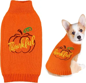Dog Thanksgiving Sweater, Knitted Thanksgiving Fall Holiday Dog Sweaters Outfit Clothes for Small Medium Large Dogs Pets (Orange, Small)