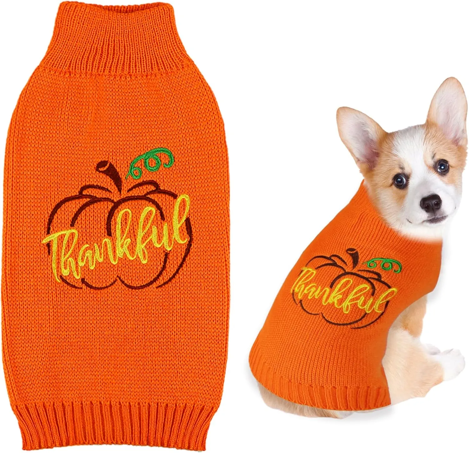 Dog Thanksgiving Sweater, Knitted Thanksgiving Fall Holiday Dog Sweaters Outfit Clothes for Small Medium Large Dogs Pets (Orange, Small)