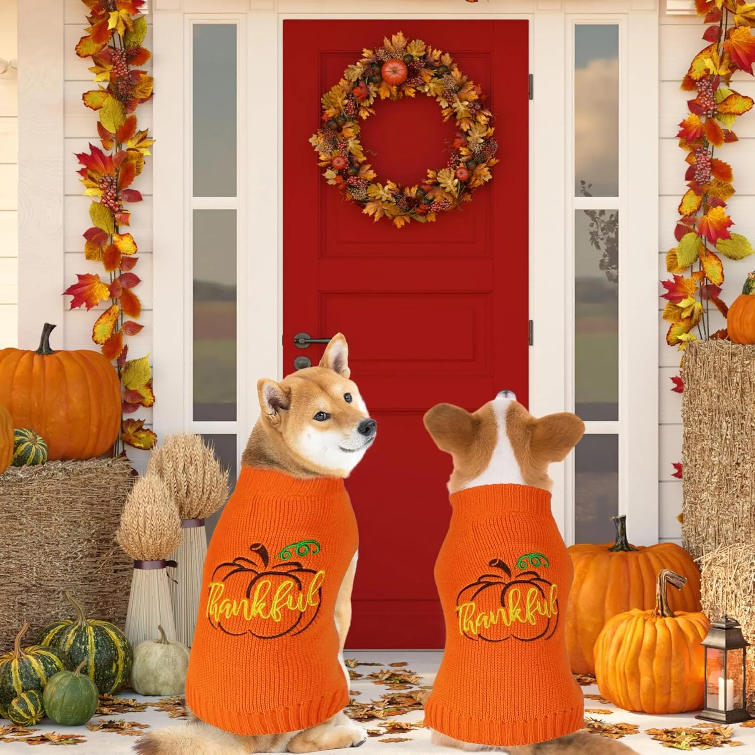 Dog Thanksgiving Sweater, Knitted Thanksgiving Fall Holiday Dog Sweaters Outfit Clothes for Small Medium Large Dogs Pets (Orange, Small)