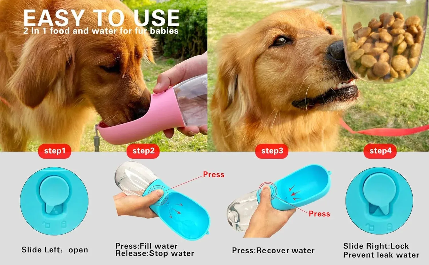 Dog Water Bottle,Portable Pet Water Bottle with Food Container,Outdoor Portable Water Dispenser for Cat,Rabbit,Puppy and Other Pets for Walking,Hiking,Travel(19Oz)