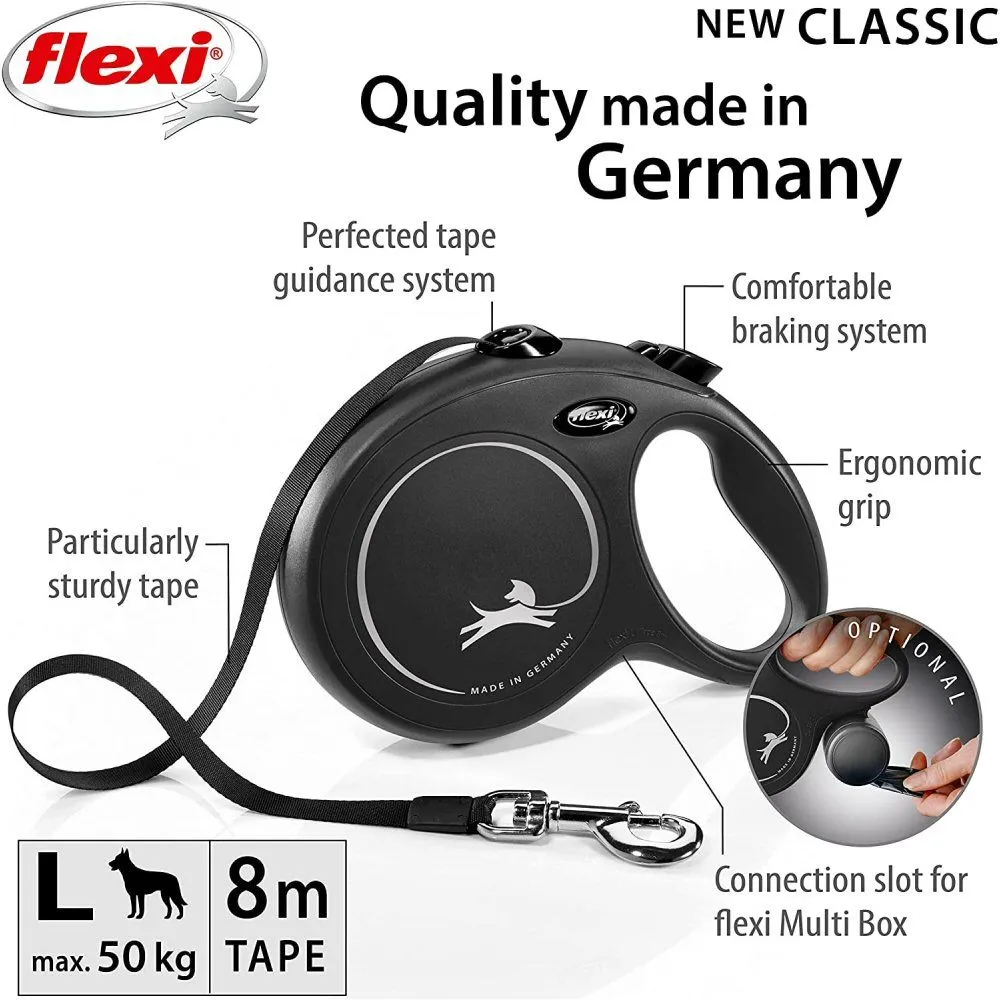 Flexi 8m Large Black New Classic Tape Retractable Dog Lead