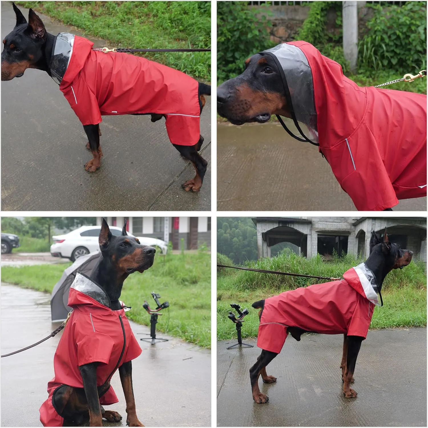 Four-Legged Full Coverage Waterproof Dog Raincoat with Reflective Features Pet Raincoats for Large Medium Small Dogs Red L
