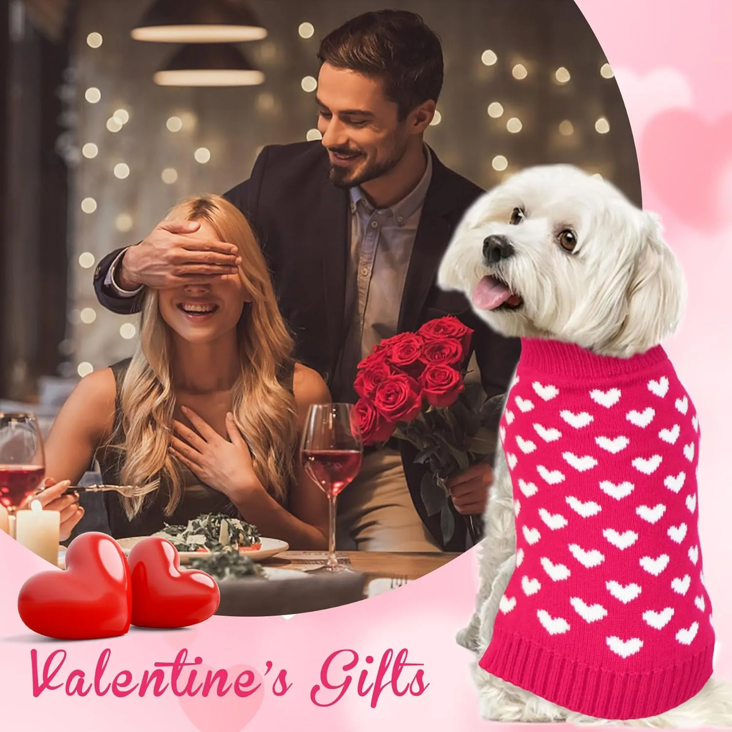 Valentines Dog Sweater, Dog Valentines Clothes Outfit Knitted Sweaters for Small Medium Large Dogs Pets (Rose Red Heart, Medium)