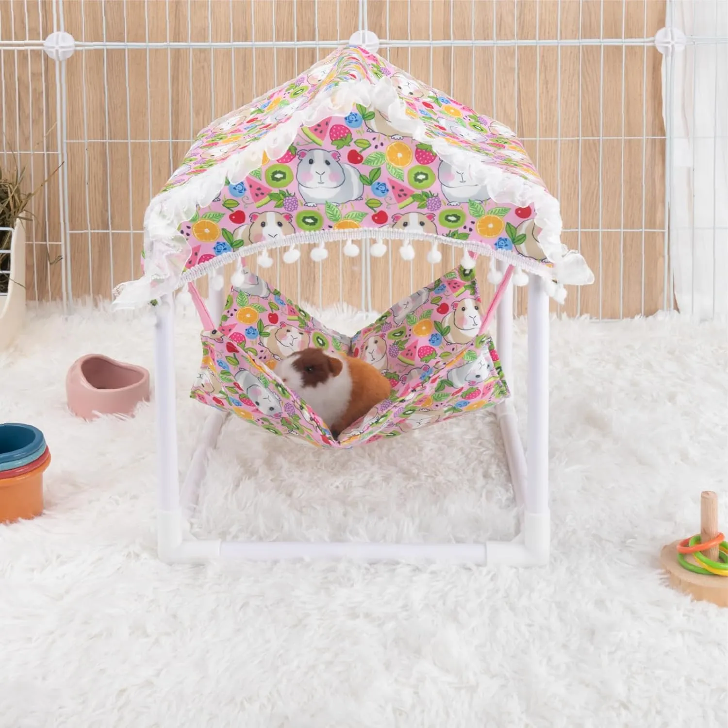 Waterproof Guinea Pig Hammock with Stand,Cute Guinea Pig Printed Hammock for Guinea Pigs Bunny Ferret Hamster Hiding Sleeping Activities Bite-Proof Soft and Easy to Clean
