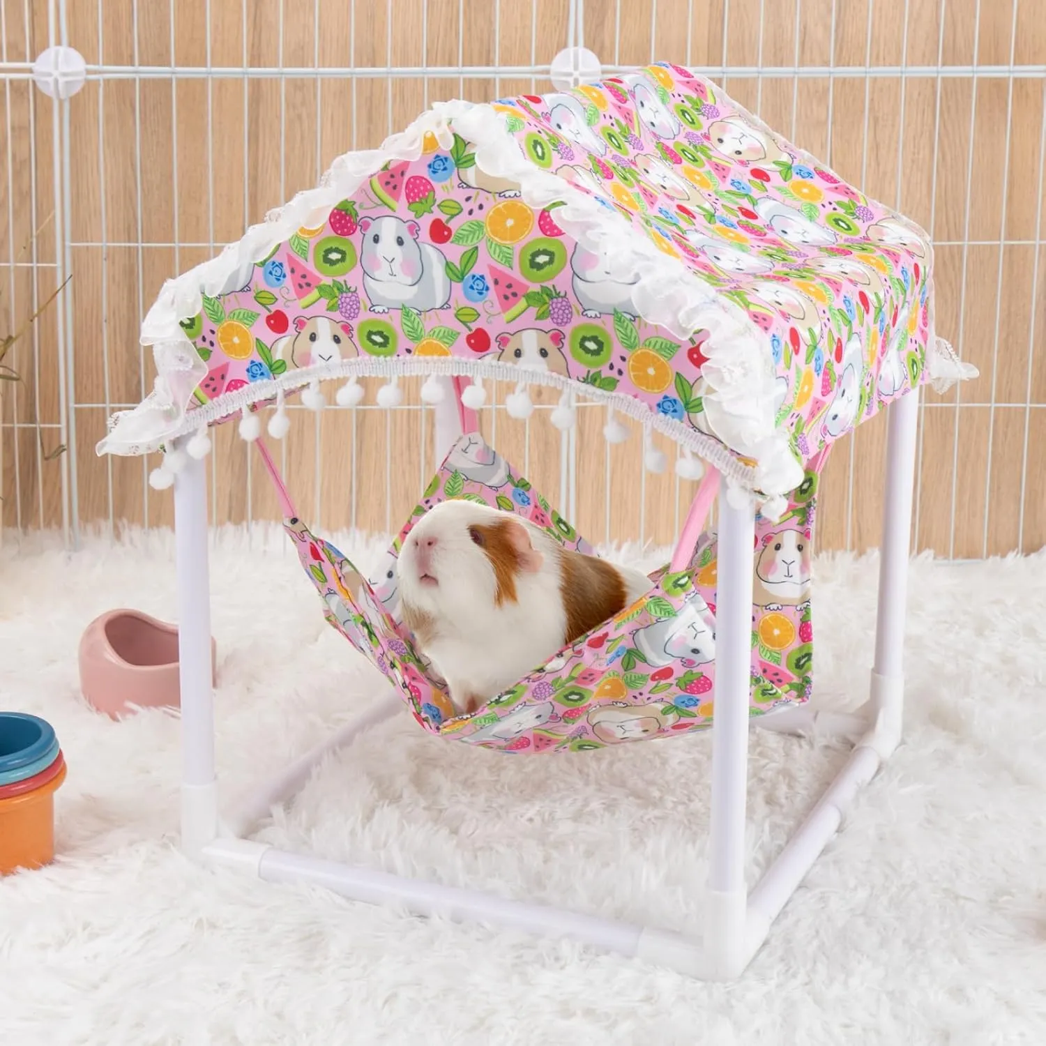 Waterproof Guinea Pig Hammock with Stand,Cute Guinea Pig Printed Hammock for Guinea Pigs Bunny Ferret Hamster Hiding Sleeping Activities Bite-Proof Soft and Easy to Clean