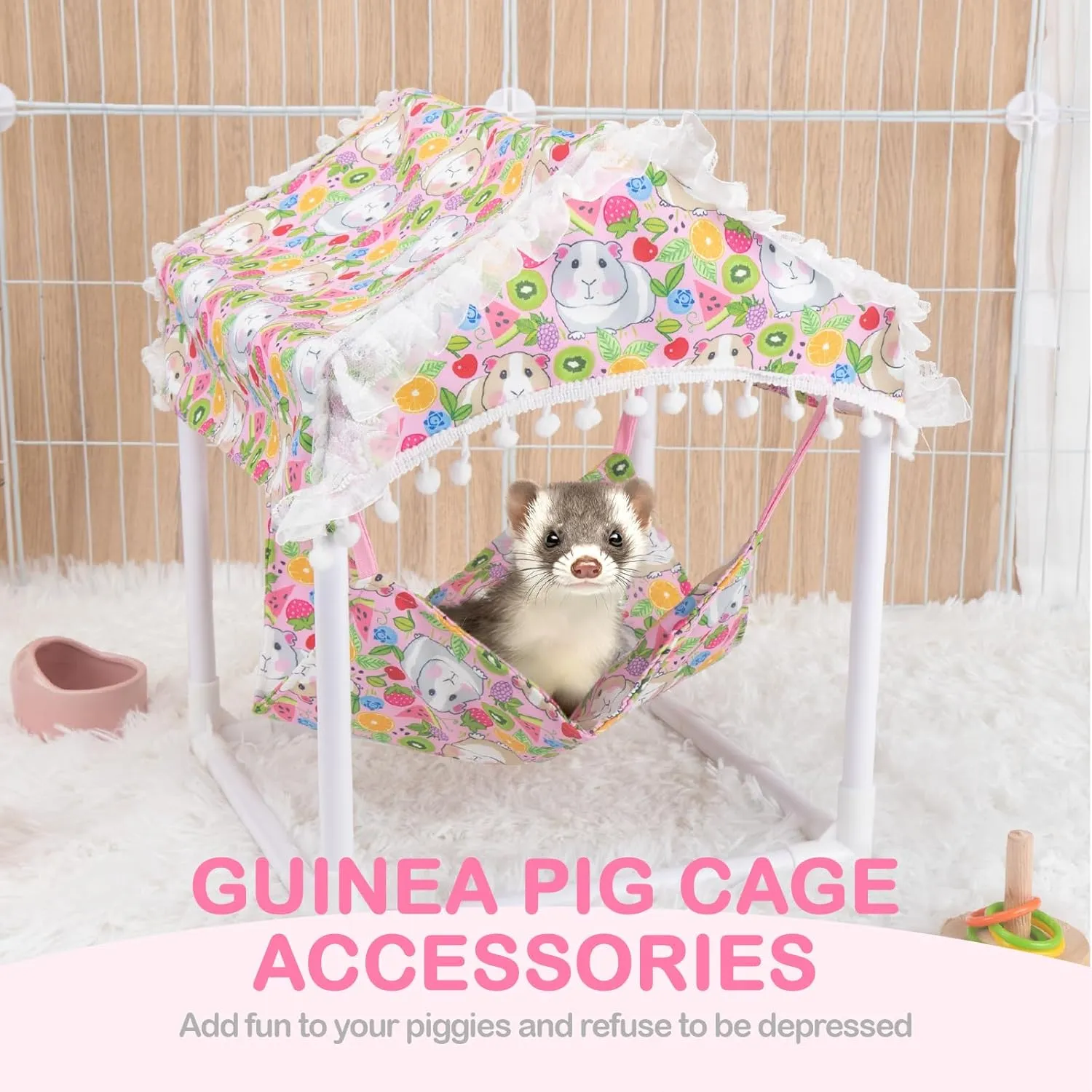 Waterproof Guinea Pig Hammock with Stand,Cute Guinea Pig Printed Hammock for Guinea Pigs Bunny Ferret Hamster Hiding Sleeping Activities Bite-Proof Soft and Easy to Clean